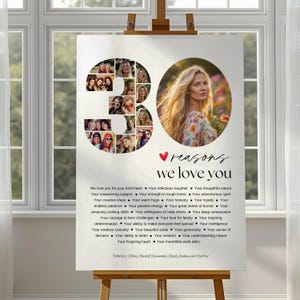 May include: A personalized canvas print on an easel, featuring a collage of photos forming the number 30. A portrait of a woman is on the right. The text reads "reasons we love you" with a list of qualities.
