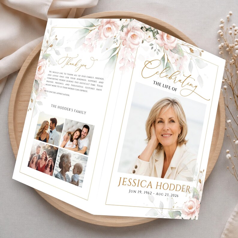 K&ouml;nnte beinhalten: Ein gefaltetes Trauerprogramm mit aquarellierten rosa Rosen und gr&uuml;nen Bl&auml;ttern. Die Vorderseite zeigt ein Portr&auml;t, den Text "Celebrating the life of Jessica Hodder" und Daten. Die Innenseite enth&auml;lt einen Dankestext und vier Fotos.