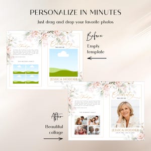 K&ouml;nnte beinhalten: Eine Vorlage f&uuml;r ein Trauerprogramm mit einem Blumenrand aus rosa Rosen und gr&uuml;nen Bl&auml;ttern. Das Layout enth&auml;lt Textfelder f&uuml;r eine Danksagung, den Namen Jessica Hodder und Daten sowie Platzhalter f&uuml;r Fotos zur Erstellung einer Fotocollage.