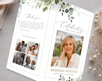 Editable Funeral Program Template, Celebration of Life Memorial Service, Greenery Obituary Template, Canva, Digital Download, #GRE