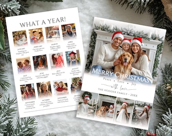 May include: Two rectangular photo collage cards featuring family memories. One card titled WHAT A YEAR! displays twelve monthly photo squares with captions. The other card features a large family photo with a dog, text MERRY CHRISTMAS, and three smaller photos below.