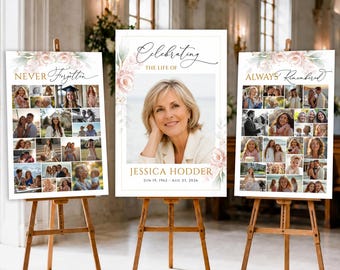 Könnte beinhalten: Drei vertikale Gedenkschilder auf Holzstaffeleien. Das mittlere Schild zeigt ein großes Porträt einer Frau, den Text "Celebrating THE LIFE OF JESSICA HODDER JUN 19, 1962 - AUG 23, 2026" sowie florale Akzente. Die seitlichen Schilder zeigen Fotocollagen.