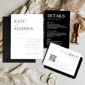 Classy Black and White Wedding Invitation Bundle Qr Code, Minimal Invitation Template Set, Modern Invite Suite, Elegant Rsvp, Details Card