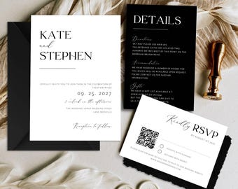 Minimalist Black and White Wedding Invitation Suite, Elegant RSVP, Details Card