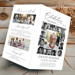 Może przedstawiać: Biały, składany program pamiątkowy z tekstem Celebrating the Life of David Hodder, 19 czerwca 1957 - 23 sierpnia 20XX, zawierający liczne czarno-białe zdjęcia portretowe, sekcję z podziękowaniami oraz zdjęcie sceny na plaży.
