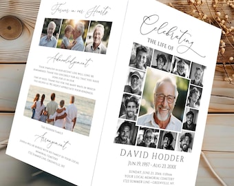 May include: A white bi-fold memorial program featuring the text Celebrating the Life of David Hodder, Jun 19, 1957 - Aug 23, 20XX, with multiple black and white portrait photographs, an acknowledgement section, and a beach scene photo.