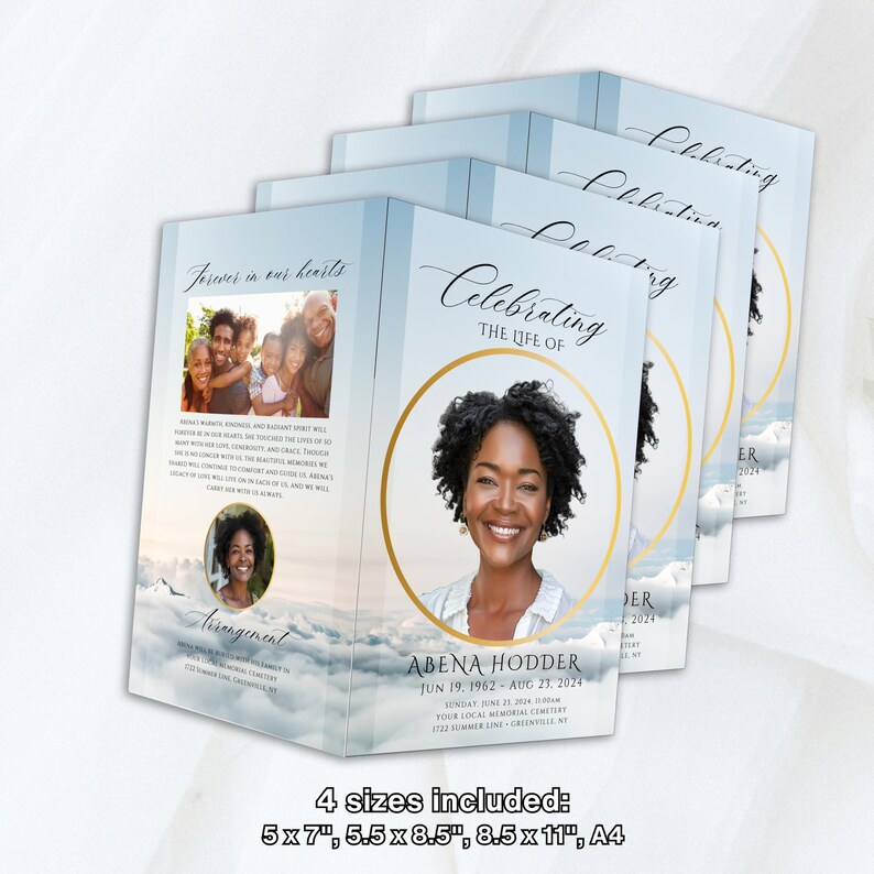 Funeral Program 4 Pages, Obituary, Light Blue Cloud Memorial Program