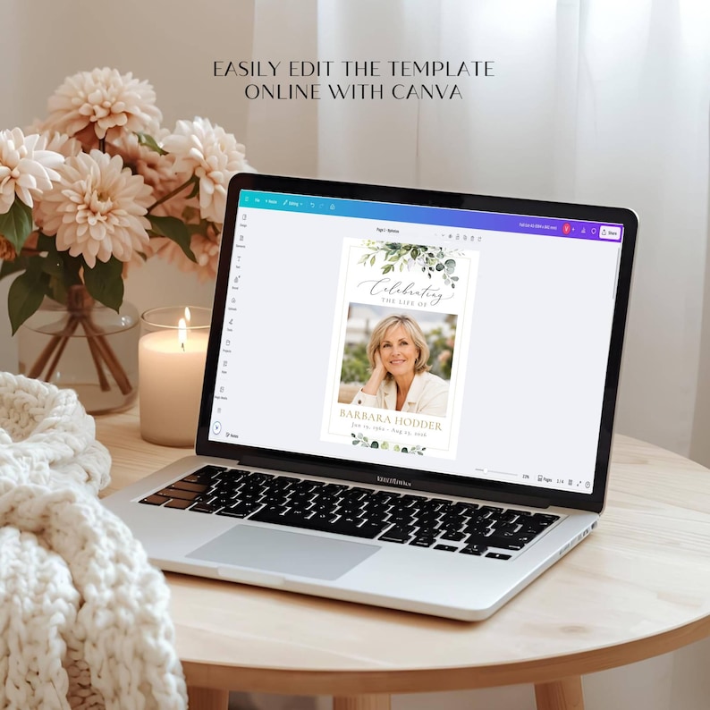May include: A laptop displaying a funeral program template on a Canva interface. The screen shows a memorial card with the text Celebrating the life of Barbara Hodder, featuring a photograph of a woman and green botanical leaf illustrations.