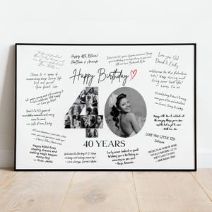 Puede incluir: Un collage de fotos enmarcado para el 40 cumpleaños. El diseño presenta un "4" central compuesto por múltiples fotos en blanco y negro. Un retrato de una mujer está en un círculo. También se incluyen deseos de cumpleaños manuscritos y las palabras "Happy Birthday".