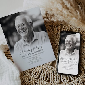 以下が含まれることがあります： 笑顔の男性の写真と「Celebrating the life of Henry Hodder August 17, 1967 - November 23, 20XX Service to be held at ... followed by a reception at ...」というテキストが書かれた白黒の追悼カードです。
