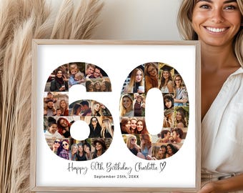 60th Birthday Photo Collage Template: Personalized Number 60 Poster, Family Gift, Digital Download