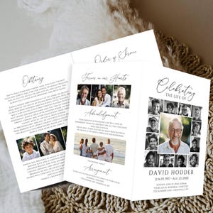 Może przedstawiać: Program nabożeństwa żałobnego o potrójnym składaniu. Okładka zawiera zdjęcie mężczyzny otoczonego mniejszymi zdjęciami. Wewnątrz znajdują się zdjęcia rodzinne, tekst oraz słowa "Nekrolog", "Porządek nabożeństwa" i "Na zawsze w naszych sercach."