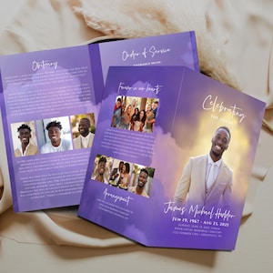 Memorial program 4 pages, Obituary, Purple Gold Cloud Funeral Program, Celebration of Life, Keepsake, Loving Memory Magazine-Style