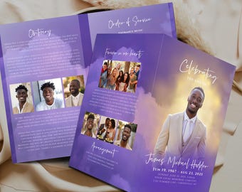 Purple Funeral Program Template: Celebration of Life Obituary, Memorial Keepsake (Canva Digital Download)