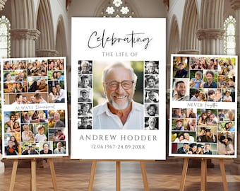 Modelli di set di cartelli per collage di foto funebri, modello di cartello di benvenuto per funerali, celebrazione della vita, in amorevole ricordo, formato poster commemorativo
