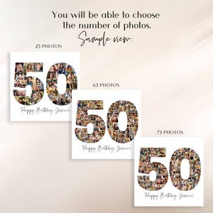 K&ouml;nnte beinhalten: Drei quadratische Fotocollagen mit der Zahl 50, gef&uuml;llt mit Fotos. Der Text "Happy Birthday Jessica" steht unter jeder Collage. Der Text "You will be able to choose the number of photos" steht oben, darunter "Sample view:"