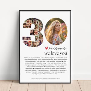 May include: A framed print with a black border. The print features a large "30" made of photos, a photo of a woman, and the words "reasons we love you." Below, a list of reasons is printed in a serif font.