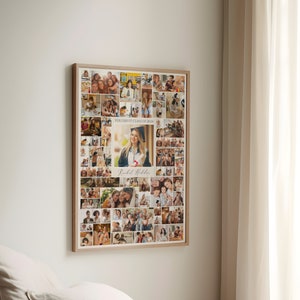 May include: A framed collage of photos celebrating a graduation. The collage features a large photo of the graduate in a cap and gown, surrounded by smaller photos of family and friends. The text "Year 2024" and "You Did It! Class of 2024" are visible in the collage. The graduate's name, "Rachel Walker", is written in cursive at the bottom of the collage.