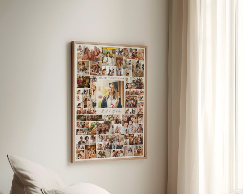 May include: A framed collage of photos celebrating a graduation. The collage features a large photo of the graduate in a cap and gown, surrounded by smaller photos of family and friends. The text "Year 2024" and "You Did It! Class of 2024" are visible in the collage. The graduate's name, "Rachel Walker", is written in cursive at the bottom of the collage.