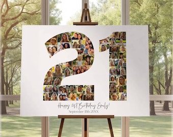 Modello di collage fotografico per il 21° compleanno, cartello modificabile con il numero 21 del compleanno, regalo stampabile per traguardo, Canva
