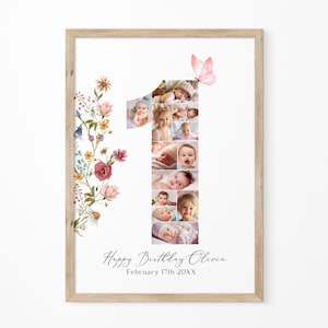 Geburtstagszahl 1 Fotocollage, Geburtstagsgeschenk, erster Geburtstag Foto Meilenstein Zeichen, Canva bearbeitbare 1. Geburtstag Foto Poster Vorlage
