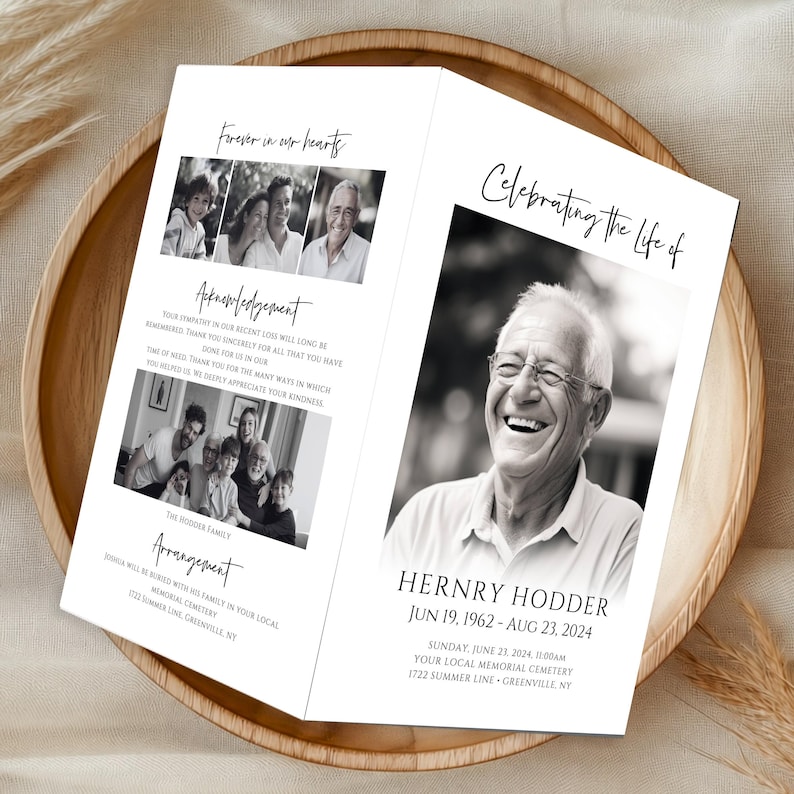Minimalist Funeral Program Template with Photo Collage, Celebration of Life Memorial Service Template, Obituary Template, Printable, #MCM image 1