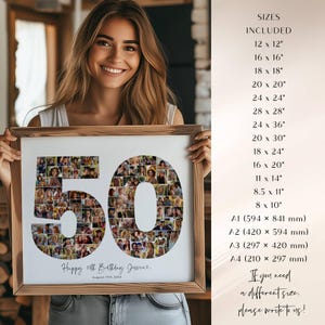 K&ouml;nnte beinhalten: Ein gerahmtes Fotocollage zum 50. Geburtstag. Die Zahl "50" besteht aus vielen kleinen Fotos. Der Rahmen ist hellbraun, mit dem Text "Happy 50th Birthday Jessica". Gr&ouml;&szlig;en von 30.5 x 30.5 cm bis A4 (210 x 297 mm).