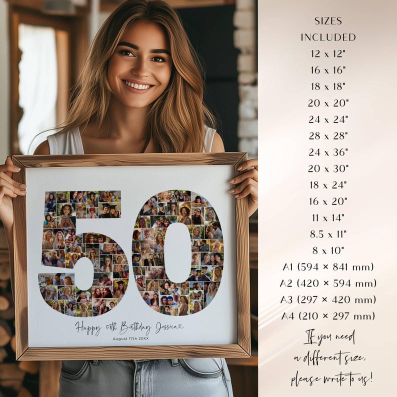 K&ouml;nnte beinhalten: Ein gerahmtes Fotocollage zum 50. Geburtstag. Die Zahl "50" besteht aus vielen kleinen Fotos. Der Rahmen ist hellbraun, mit dem Text "Happy 50th Birthday Jessica". Gr&ouml;&szlig;en von 30.5 x 30.5 cm bis A4 (210 x 297 mm).