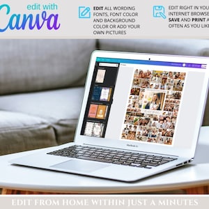 May include: A laptop computer displaying a collage of photos on the screen. The laptop is open and sitting on a white table. The text "edit with Canva" is visible at the top of the image.