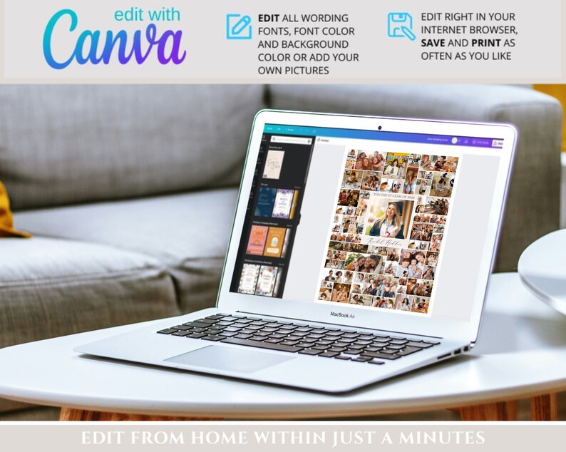 May include: A laptop computer displaying a collage of photos on the screen. The laptop is open and sitting on a white table. The text "edit with Canva" is visible at the top of the image.