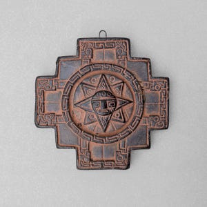 Inti Sun Chakana Handmade Shaman Idol Wall Art, Inca Andean Cross Tribal Art Ceremonial Tiwanaku Pottery Peru Bolivia Black Sculpture