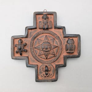 Chakana Handmade Shamanic Statue, Andean Cross, Peru Inca Pottery Sculpture, Mesa Mestana Altar