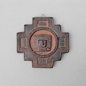 Inti Sun Chakana Handmade Shaman Idol Wall Art, Inca Andean Cross Tribal Art Ceremonial Tiwanaku Pottery Peru Bolivia Black Sculpture