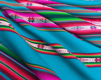 Cyan Andean Yoga Blanket, Inca Peru Bolivia Aguayo Fabric, Shaman Mesa Altar Cloth