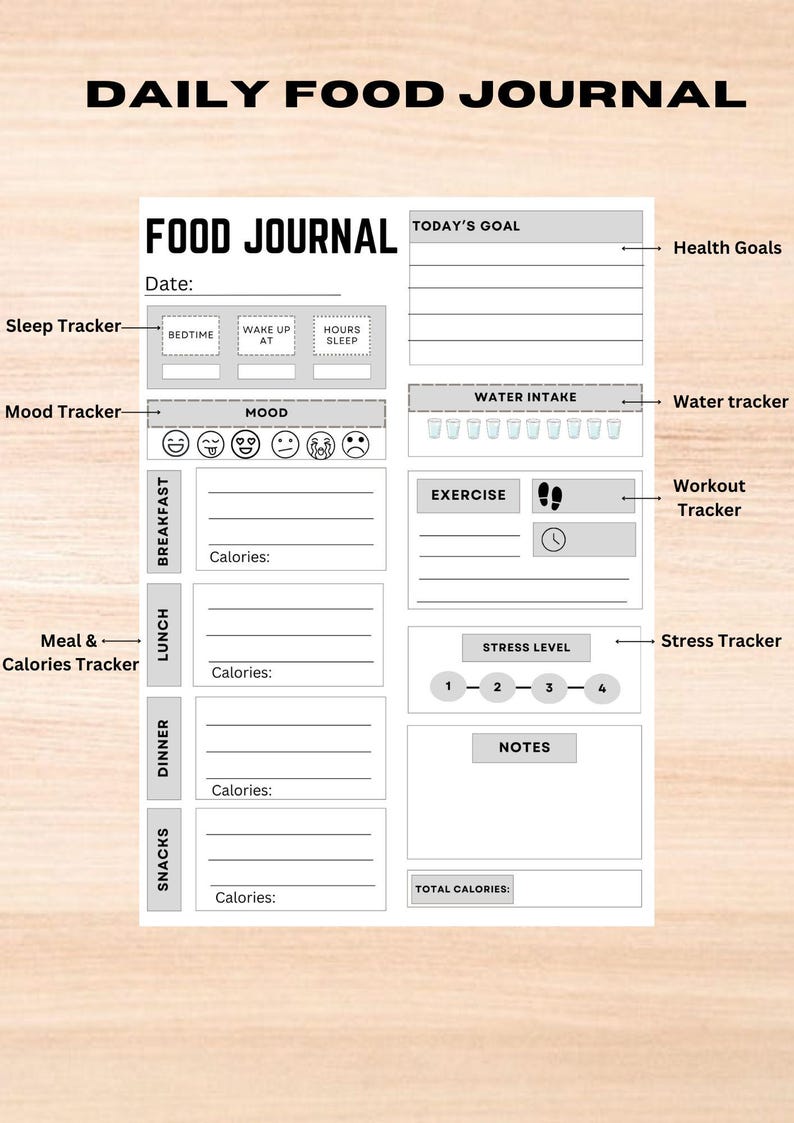 Daily Food Journal Printable Food Diary Daily Calories Tracker Digital ...