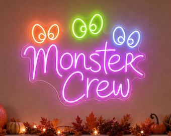 Custom Monster Crew Neon Sign, Halloween Porch Wall Light, Trick or Treat Welcome Decor for Kids Room, Family Party and Entryway Wall Gift