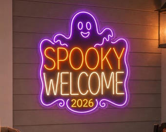 Spooky Welcome LED Neon Sign, Custom Halloween Porch Decor with Ghost Glow, Family Entryway Light and Seasonal Fall Gift