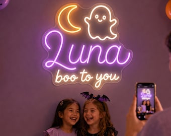 Custom Kids Ghost Neon Sign, Personalized Luna Boo To You Name Light, Cute Halloween Bedroom Decor and Playroom Birthday Party Wall Gift