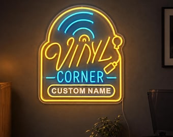 Custom Vinyl Corner Neon Sign, Personalized Record Room Light, Music Listening Room Wall Decor for Record Collector Gift and Home Studio