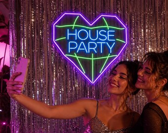 House Party Neon Sign, Y2K Party LED Neon Sign, Disco Heart Wall Decor, Birthday Party Backdrop, Dorm Room Neon Sign