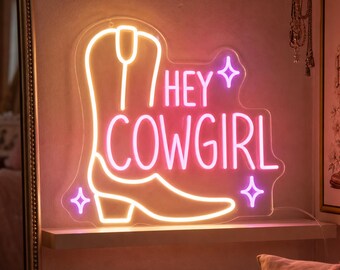Hey Cowgirl Neon Sign, Western Cowgirl LED Neon Sign, Pink Cowboy Boot Wall Decor, Girls Room Decor, Gift for Her
