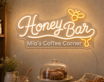 Custom Honey Bar Neon Sign, Personalized Bee Coffee Corner Wall Light for Kitchen Coffee Station, Bakery Nook, Sweet Cafe Lover Gift