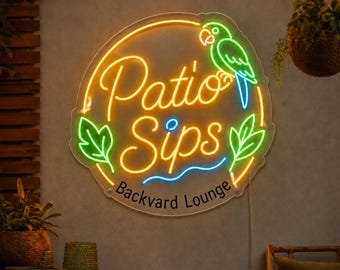 Custom Patio Neon Sign, Backyard Lounge LED Neon Sign, Tropical Parrot Bar Sign, Outdoor Patio Decor, Personalized Home Bar Wall Decor