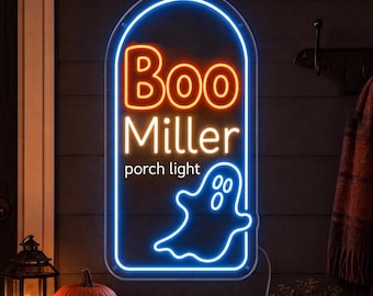 Custom Boo Porch Light Neon Sign, Personalized Miller Family Halloween Decor, Cute Ghost Entry Wall Light for Porch, Mantel and Home