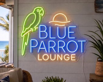 Custom Parrot Neon Sign, Blue Parrot Lounge LED Neon Sign, Tropical Beach Bar Wall Decor, Personalized Coastal Home Bar Sign