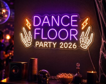 Custom Dance Floor Neon Sign, Halloween Party Wall Decor with Skeleton Hands, Spooky DJ Backdrop for Basement Dance Room Party