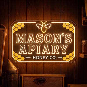 Letreiro de néon personalizado para apicultor, luminária de parede personalizada para apiário, decoração para fazenda de mel, presente rústico para oficina para pai amante de abelhas ou para barraca de fazendeiro.