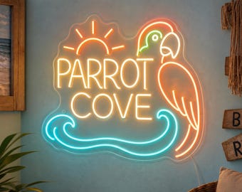 Custom Parrot Cove Neon Sign, Beach House Lounge Wall Light, Tropical Parrot Bar Decor, Vacation Rental Entry Gift for Coastal Home