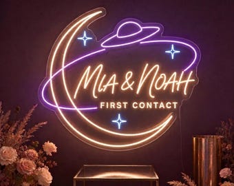 Custom First Contact Wedding Neon Sign, Sci Fi Couple Names Light, UFO Guestbook Table Decor, Alternative Wedding Photo Booth Backdrop