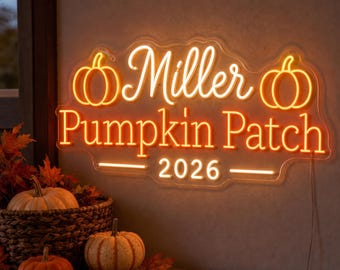 Custom Family Name Pumpkin Patch Neon Sign, Fall Porch Wall Light, Personalized Halloween Gift for Entryway Decor and Photo Wall